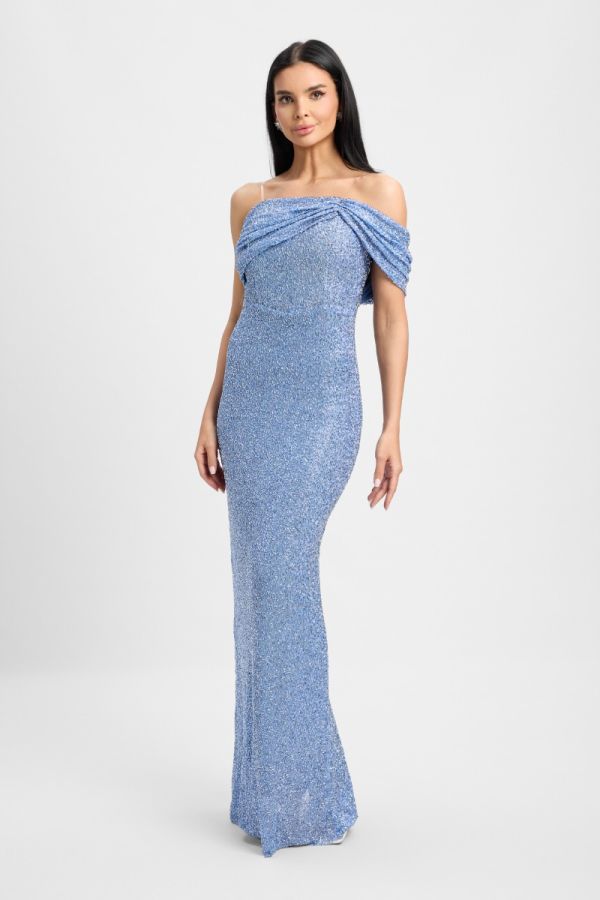 Rochie de ocazie cu umerii goi accesorizata cu strass-uri Delliria Bleu