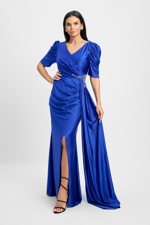 Rochie de ocazie din licra satinat accesorizata cu strass-uri in talie Venezzia Albastra