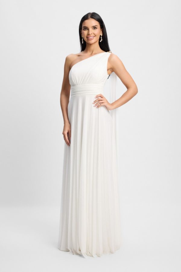 Rochie de ocazie din voal cu glitter tip one shoulder Cataleya Alba