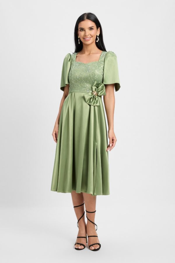 Rochie Moze de ocazie din tafta satinata accesorizata cu funda in talie Lorena Vernil