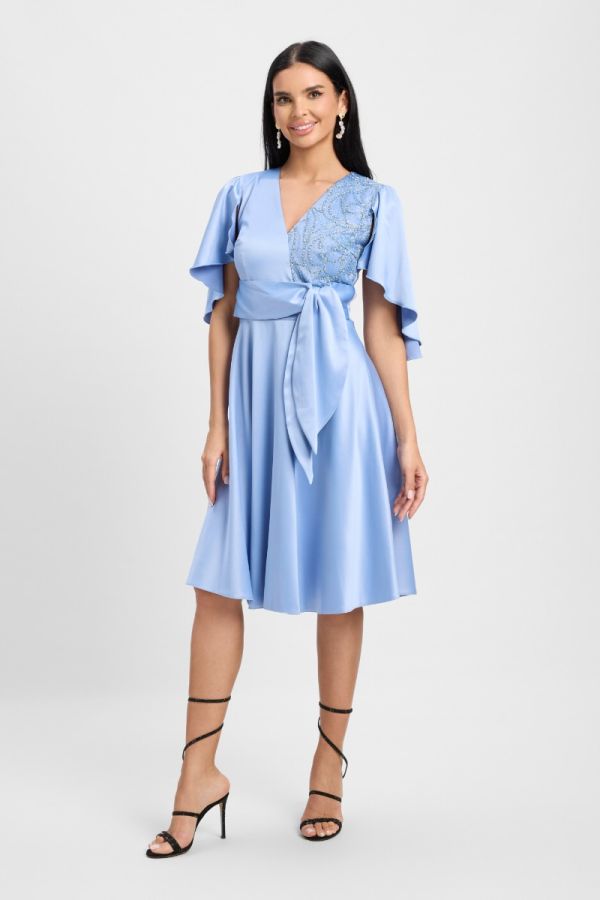 Rochie Moze de ocazie din satin cu detaliu tip esarfa in talie Cristina Bleu