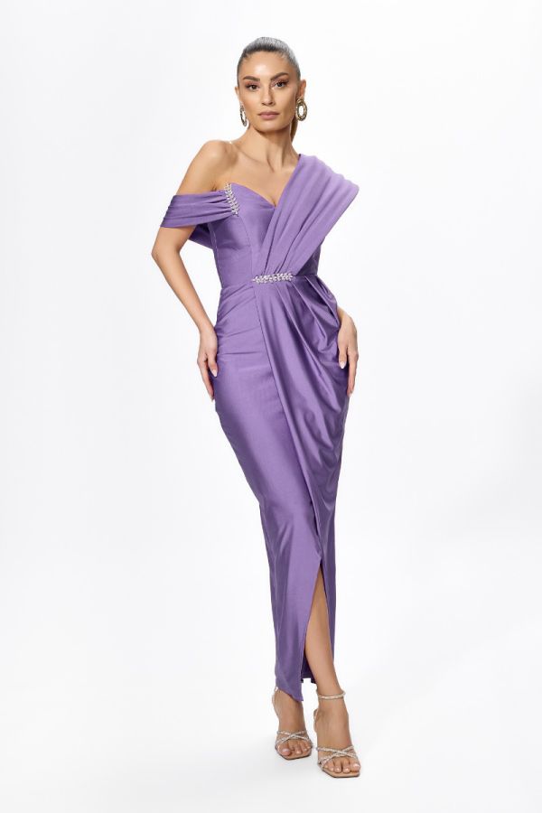 Rochie de ocazie premium din licra cu model petrecut si strass-uri Vivere Mov