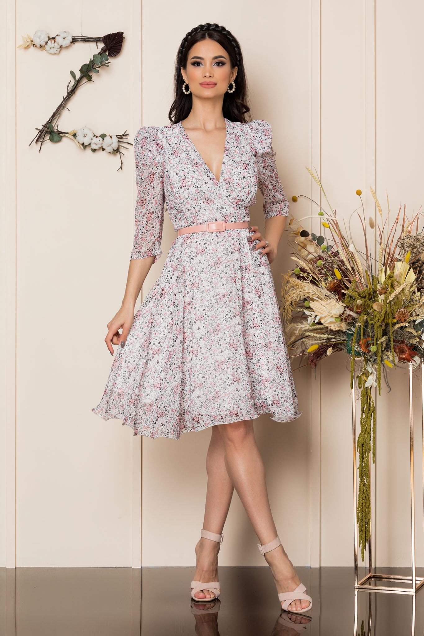 Rochie magda alb roz floral
