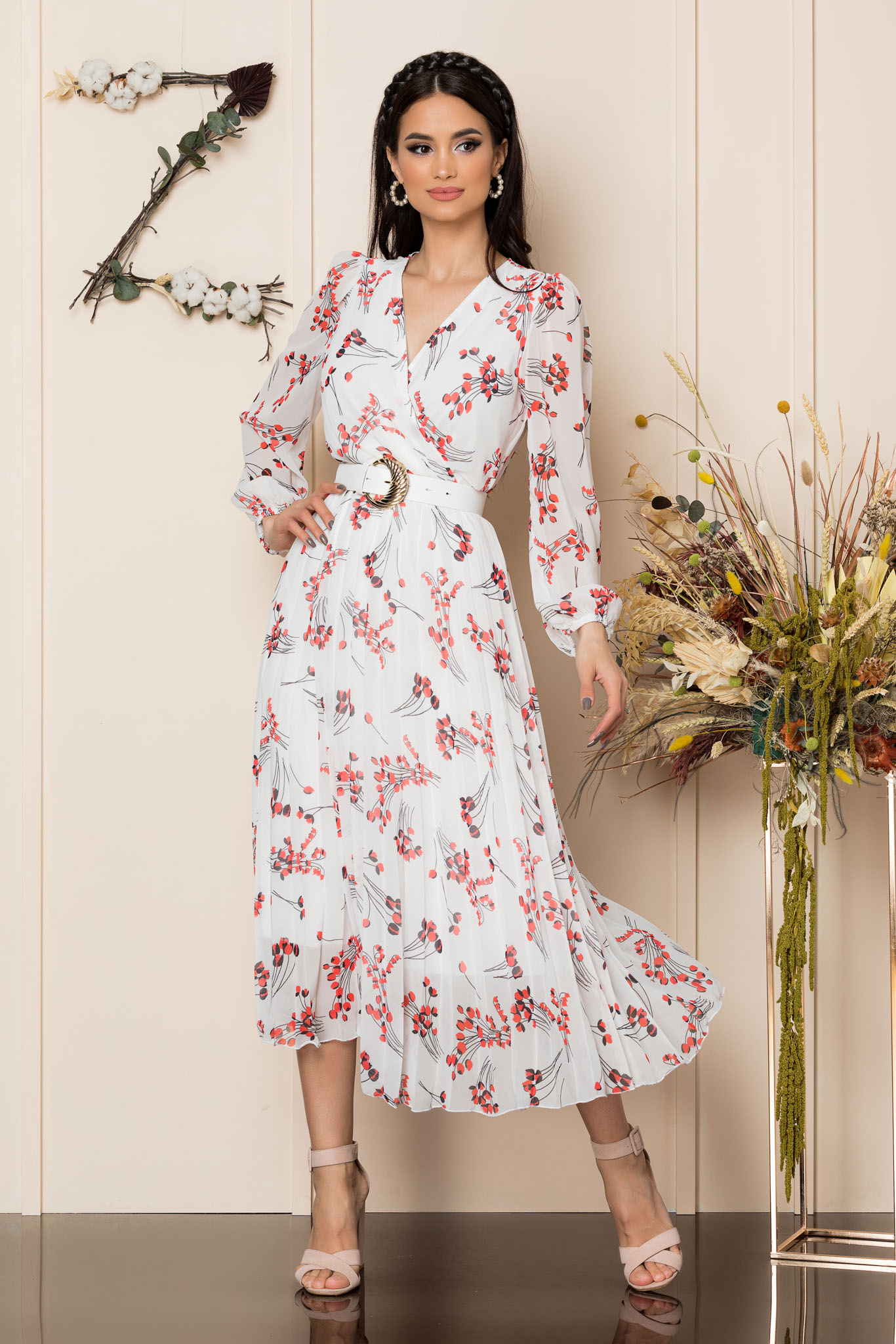 Rochie ingrid alb rosu floral
