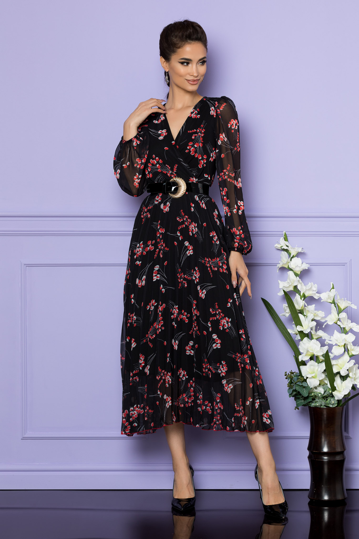 Rochie ingrid negru rosu floral
