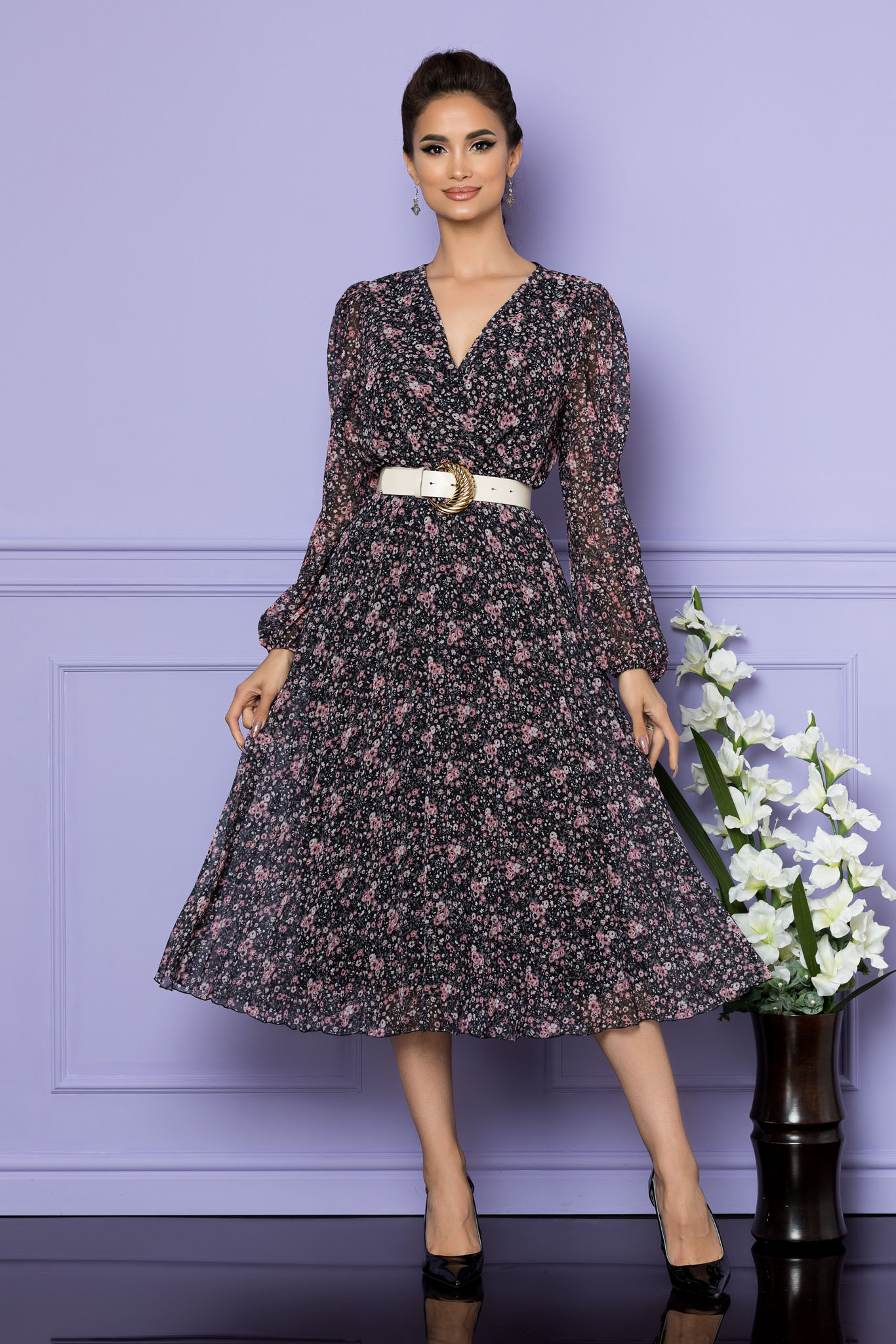 Rochie ingrid negru roz floral