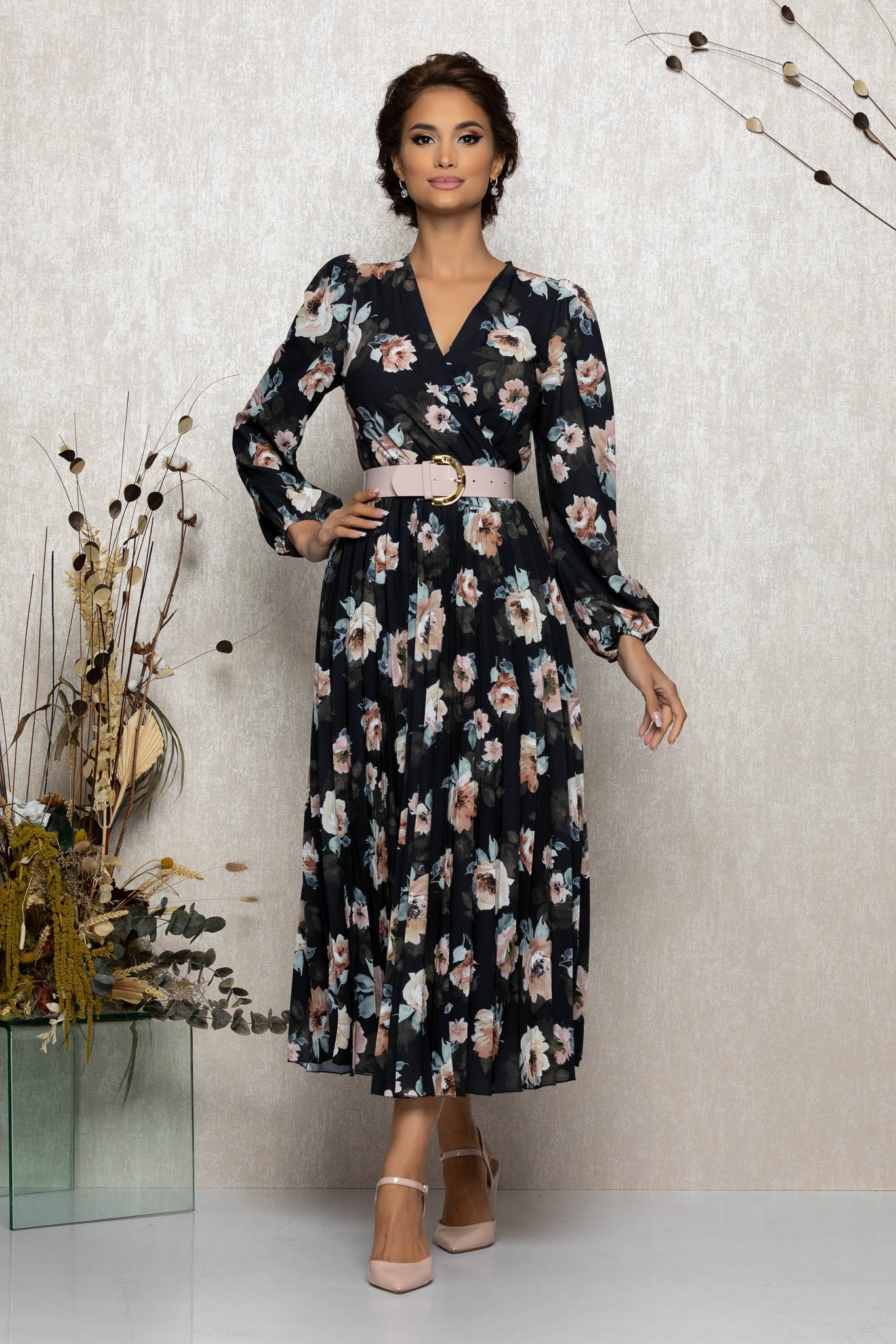 Rochie Malina Negru Bej Floral