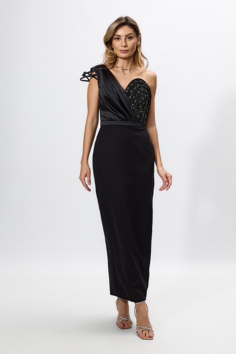 Rochie de ocazie premium tip one shoulder cu strass-uri Eros Neagra