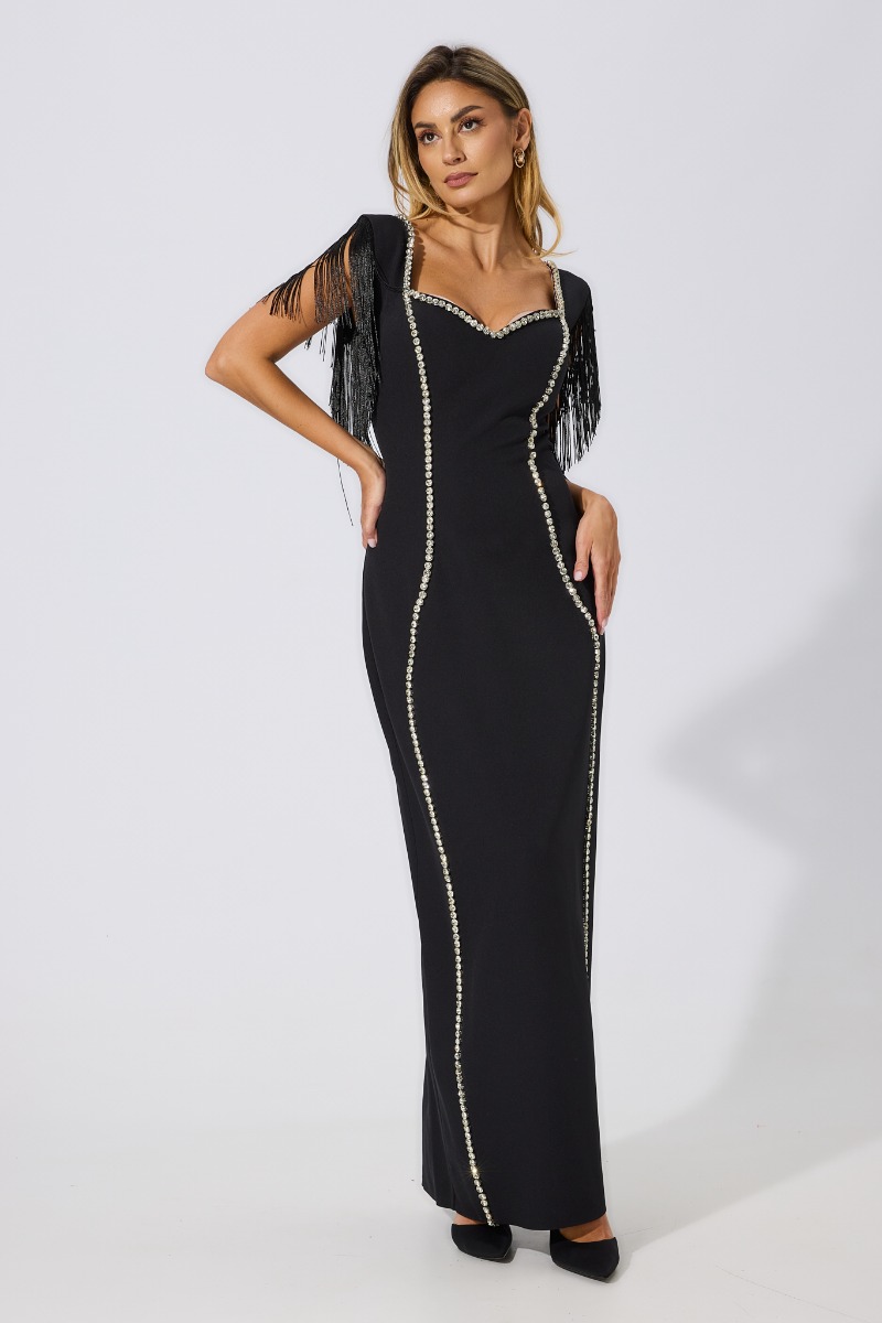 Rochie de ocazie premium din crepe accesorizata cu strass-uri si franjuri Glam Neagra