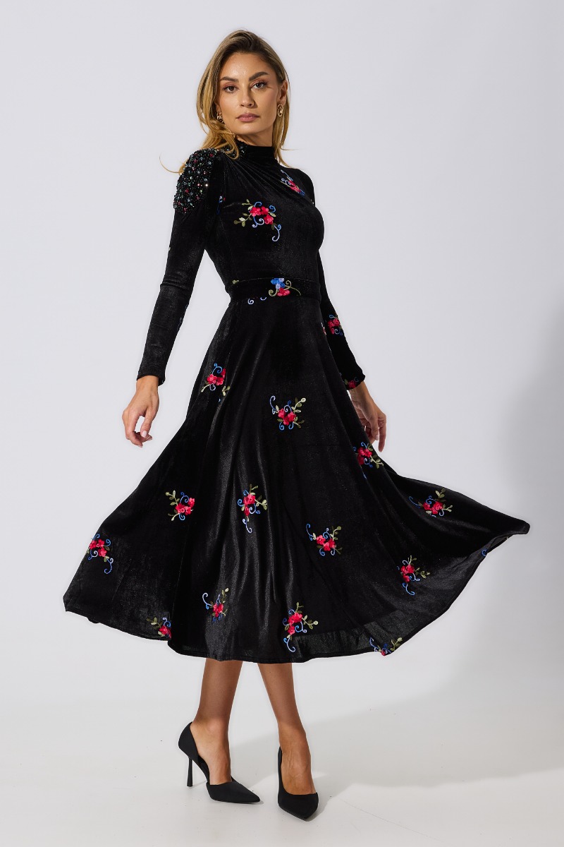 Rochie de ocazie din catifea cu broderie Eleonor Neagra