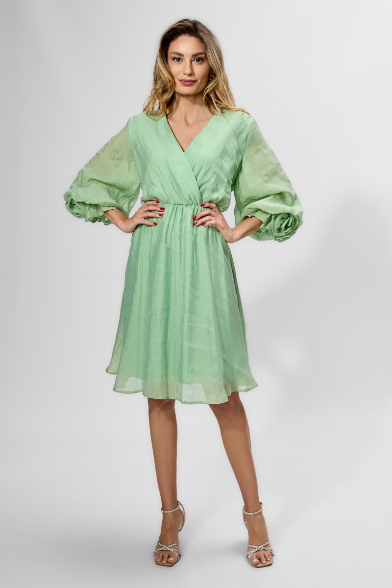 Rochie eleganta cu elastic in talie si maneci bufante Liviana Vernil