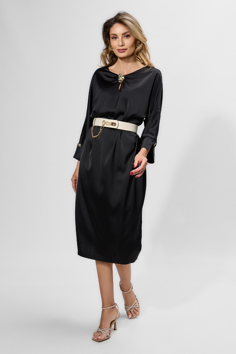 Rochie eleganta din satin cu detalii metalice aurii Trianna Neagra
