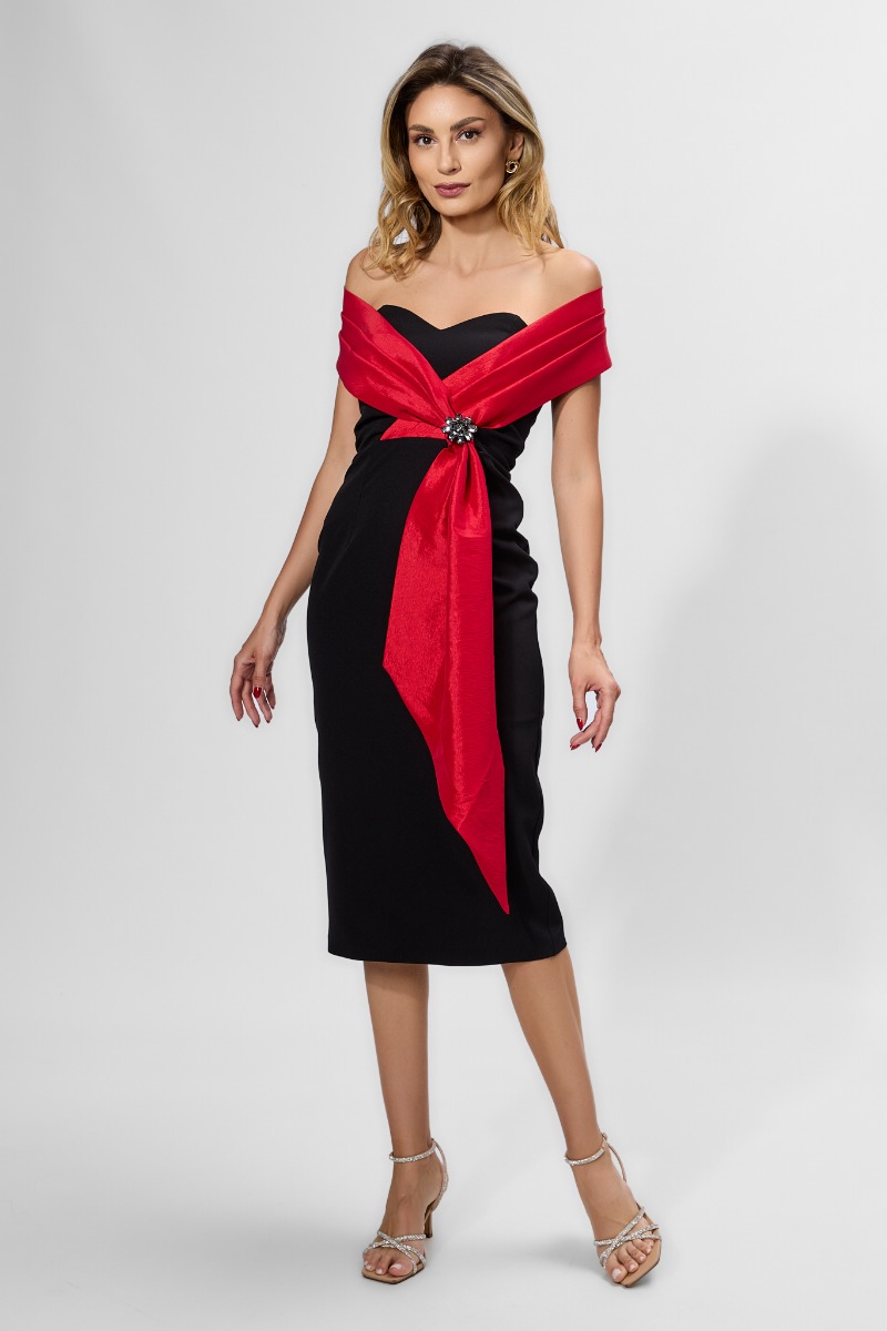 Rochie de ocazie premium cu detaliu tip esarfa rosie Tazia Neagra