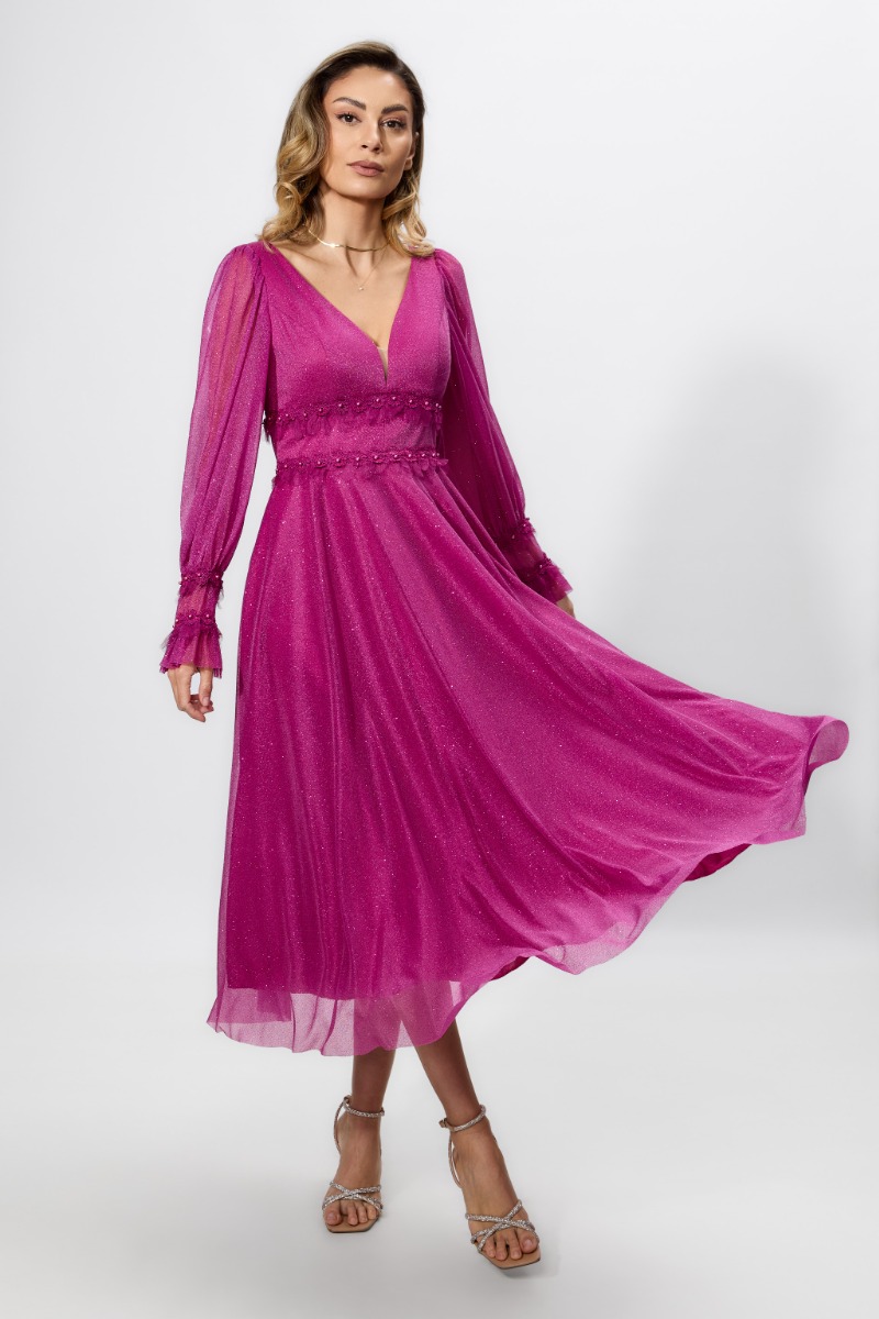 Rochie de ocazie din voal cu glitter Damara Fucsia
