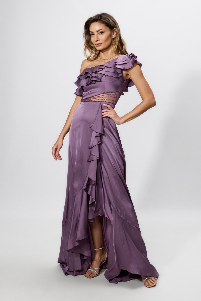 Rochie de ocazie premium asimetrica din satin cu volane Serenade Mov