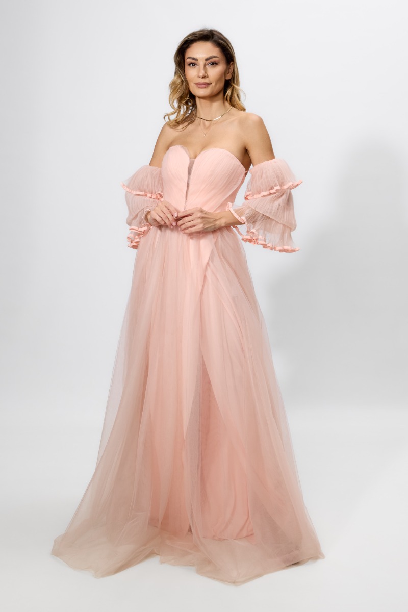 Rochie de ocazie premium din tull cu volane pe maneci Delightful Peach