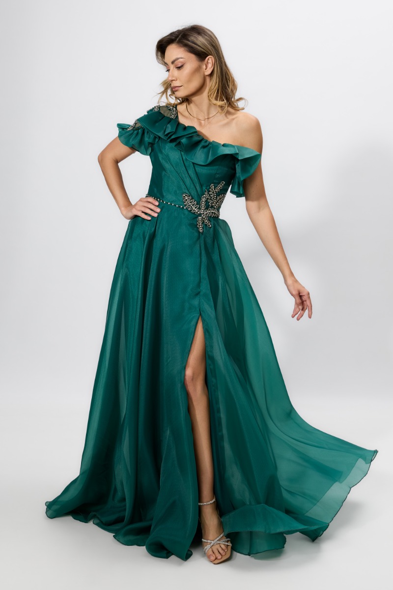 Rochie de ocazie premium din voal satinat cu strass-uri Evidence Verde