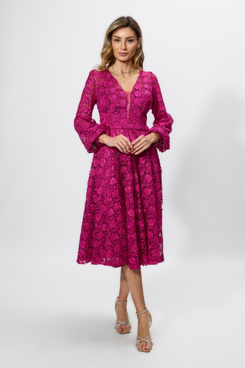 Rochie de ocazie premium din dantela cu maneci usor bufante Rosalba Fucsia