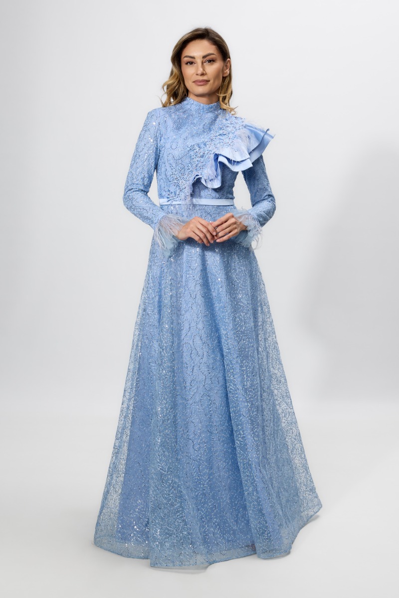 Rochie de ocazie din tull brodat cu paiete si volan din satin Leocadia Bleu