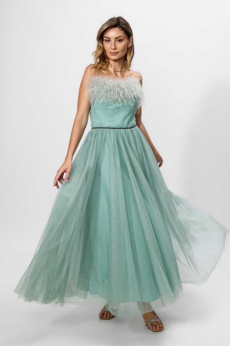 Rochie de ocazie din tull cu pene Feathers Vernil