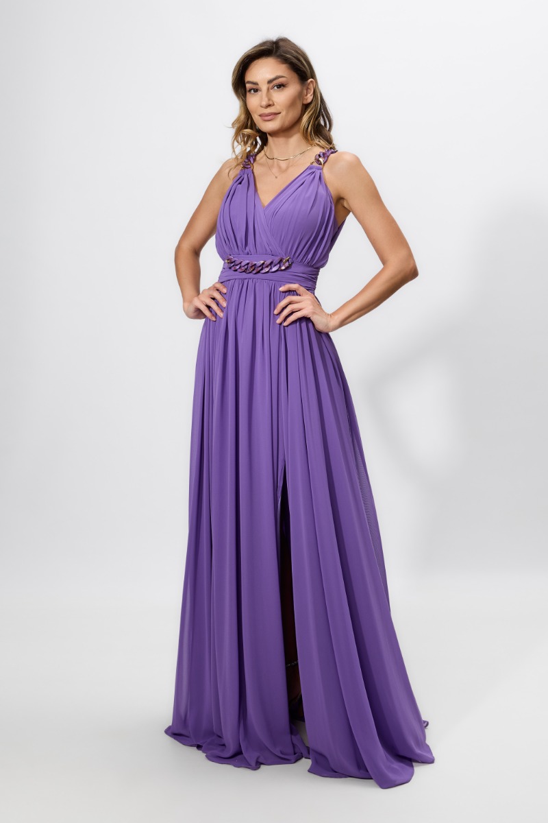 Rochie de ocazie premium din voal cu lant in talie si pe umeri Polyantha Mov