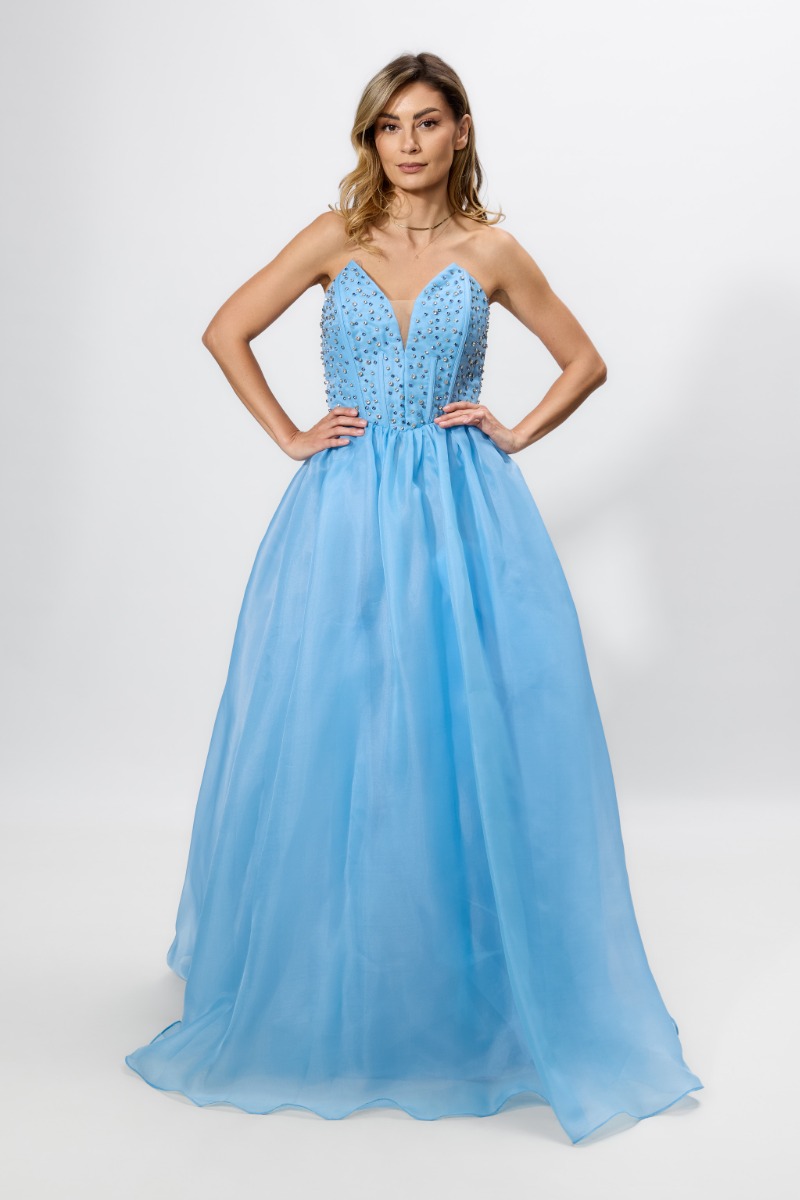 Rochie de ocazie premium din voal cu strass-uri la bust Esplendida Bleu