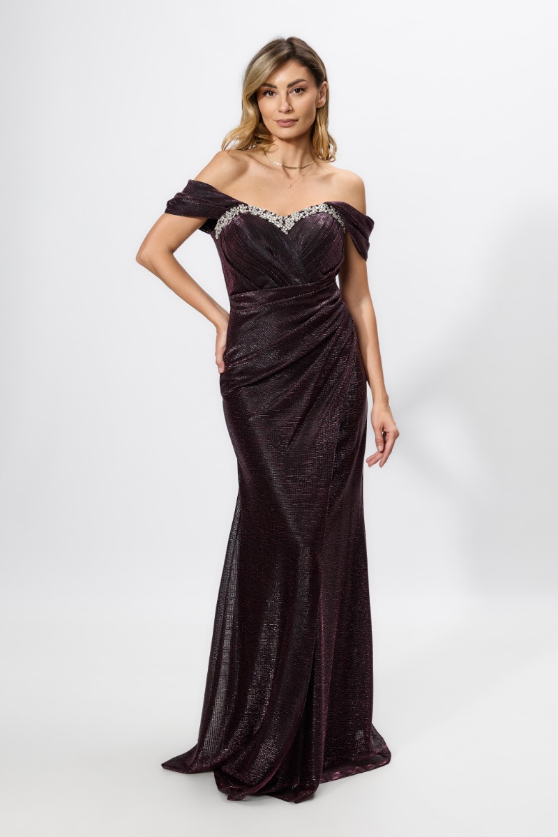 Rochie de ocazie premium cu strass-uri si fir lame Jamelia Violet
