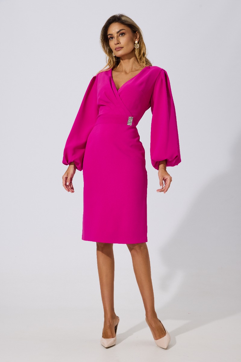 Rochie eleganta din crepe cu maneci bufante Ajda Ciclam
