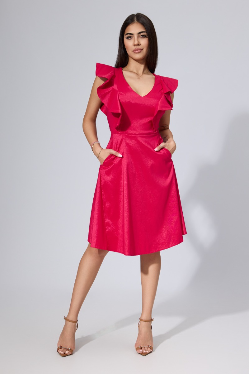 Rochie de ocazie din tafta satinata cu volane Elnara Fucsia