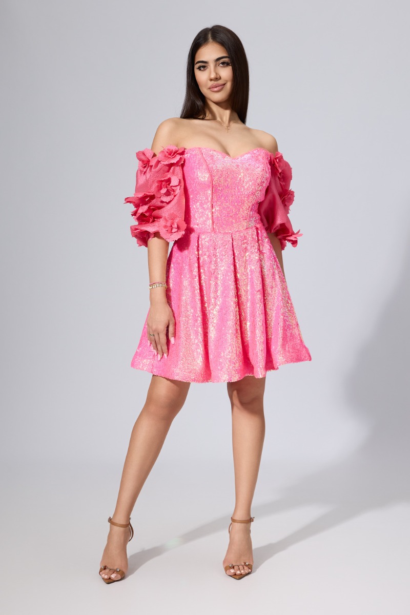 Rochie de ocazie premium cu paiete si flori 3D Nolina Roz