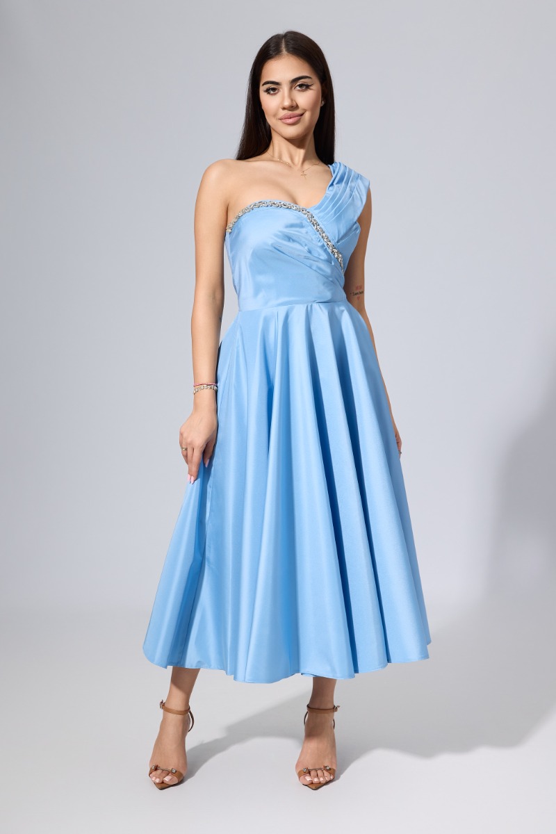 Rochie de ocazie premium midi tip baby doll cu strass-uri Dariana Bleu
