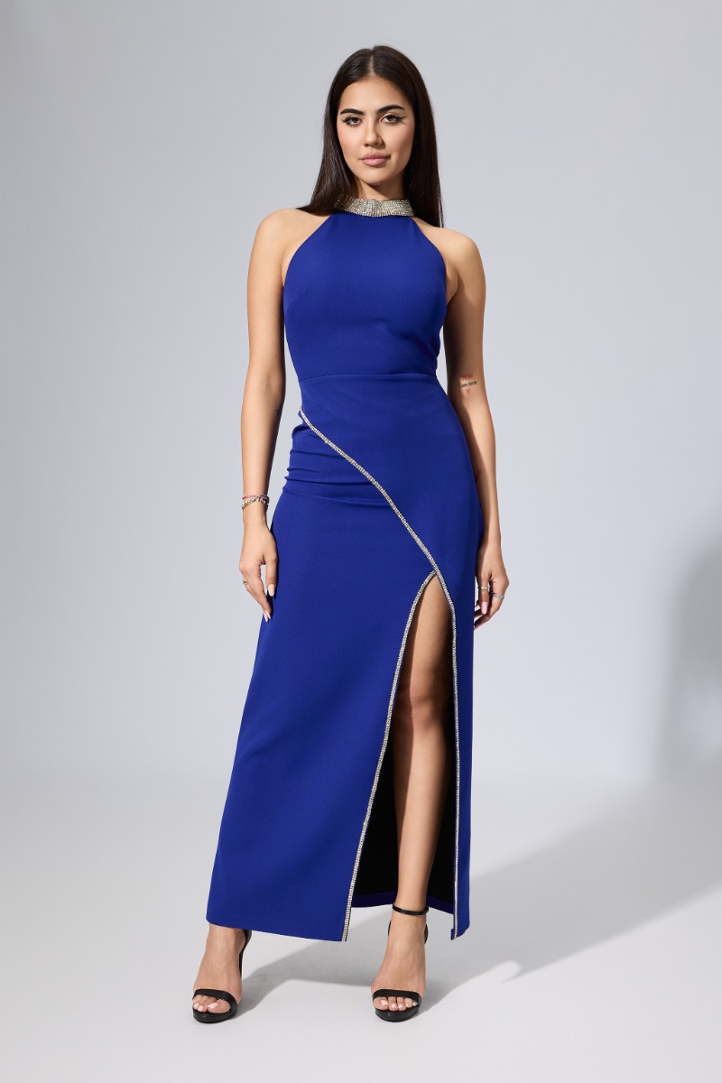 Rochie de ocazie din crepe cu strass-uri Margaret Albastra
