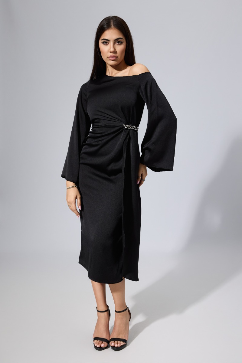 Rochie de ocazie din satin cu strass-uri in talie Felicita Neagra