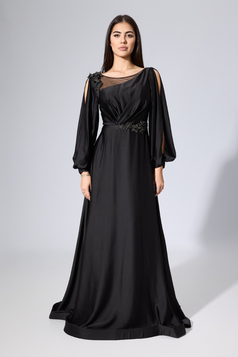 Rochie de ocazie premium din satin cu maneci despicate si flori cu strass-uri Dionisia Neagra