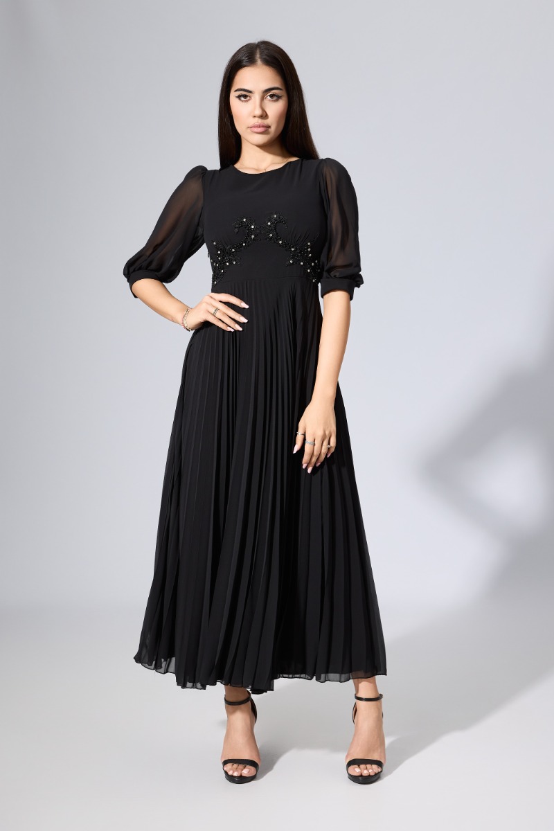Rochie de ocazie din voal cu broderie si strass-uri in talie Merve Neagra