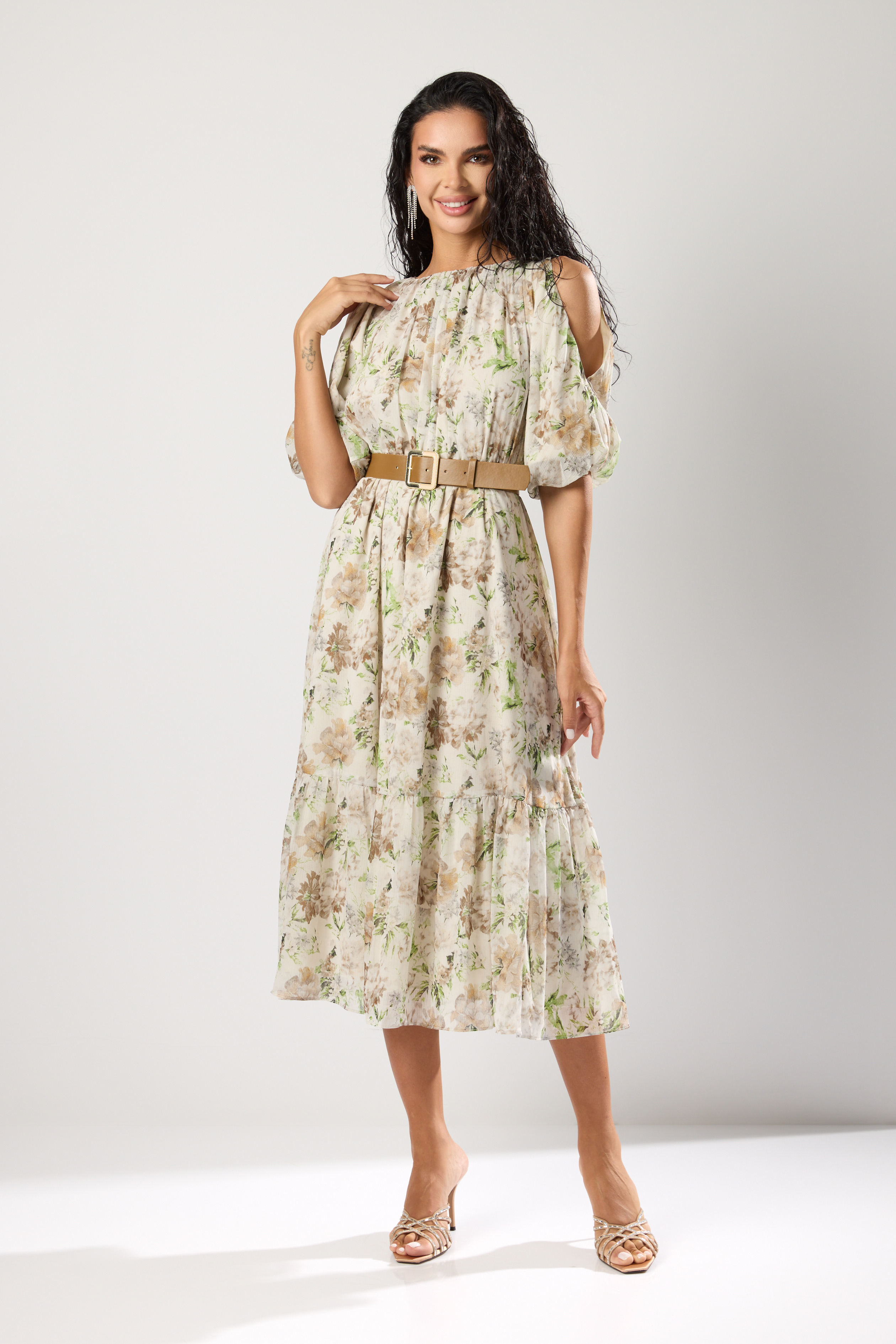 Rochie eleganta din voal cu imprimeu floral Roxela Verde Multi