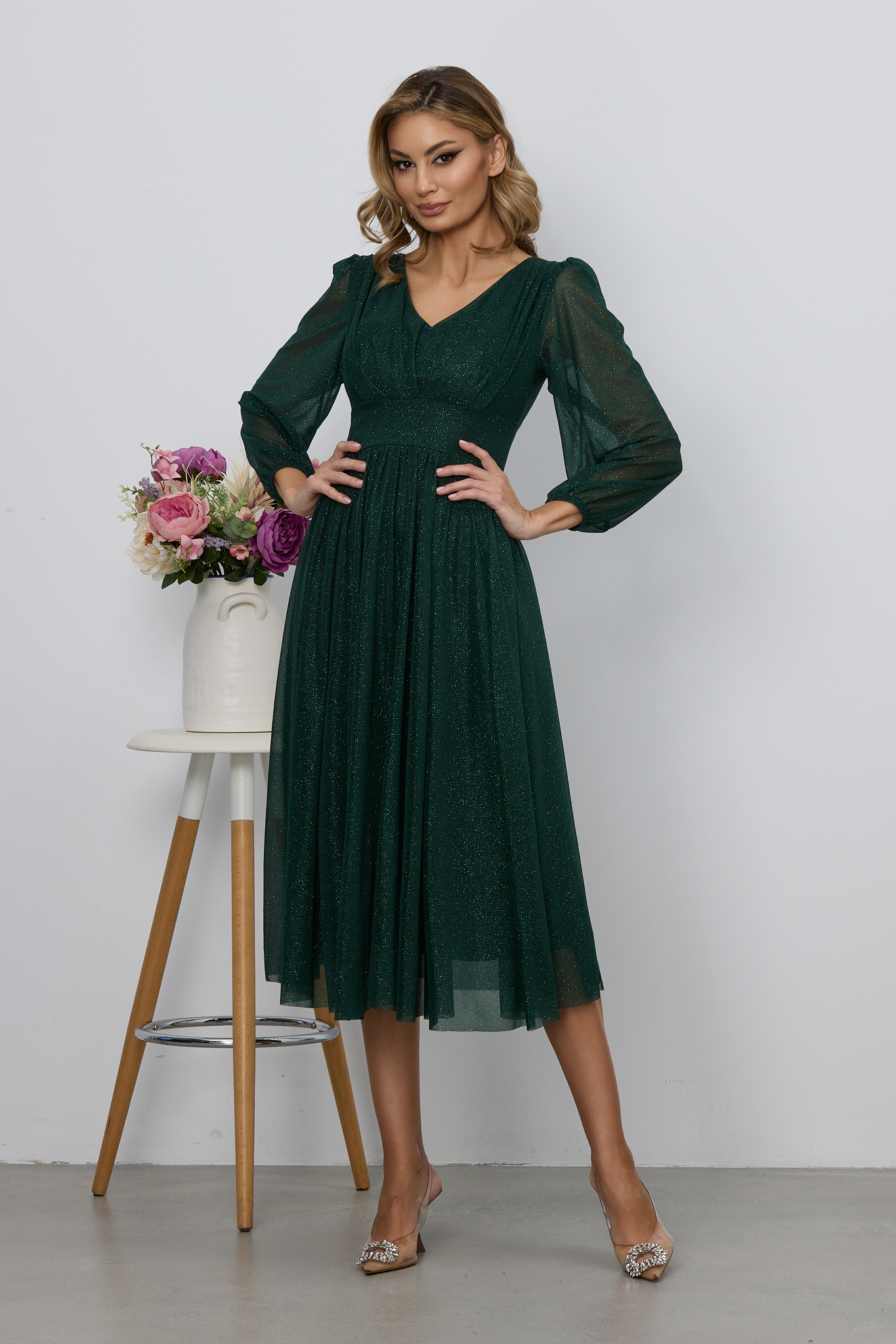 Rochie de ocazie din voal cu glitter Wilma Verde