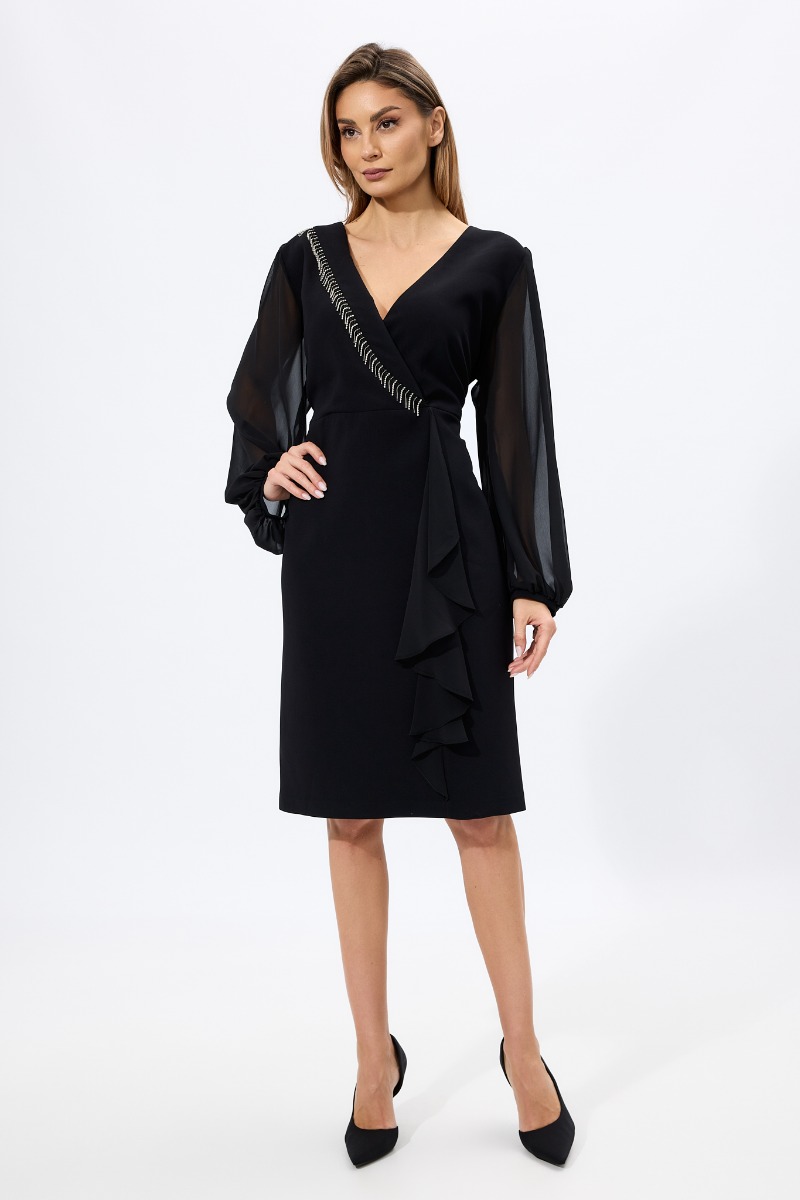 Rochie de ocazie din crepe cu maneci din voal si strass-uri Henrietta Neagra