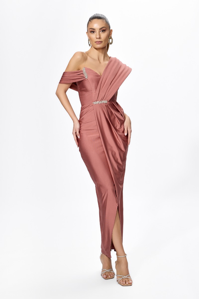 Rochie de ocazie premium din licra cu model petrecut si strass-uri Vivere Somon