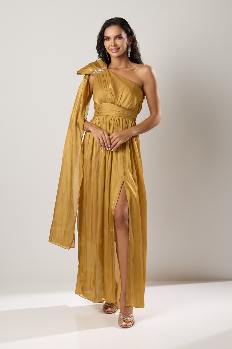 Rochie Moze de ocazie din voal peliculizat tip one shoulder Evangelia Olive