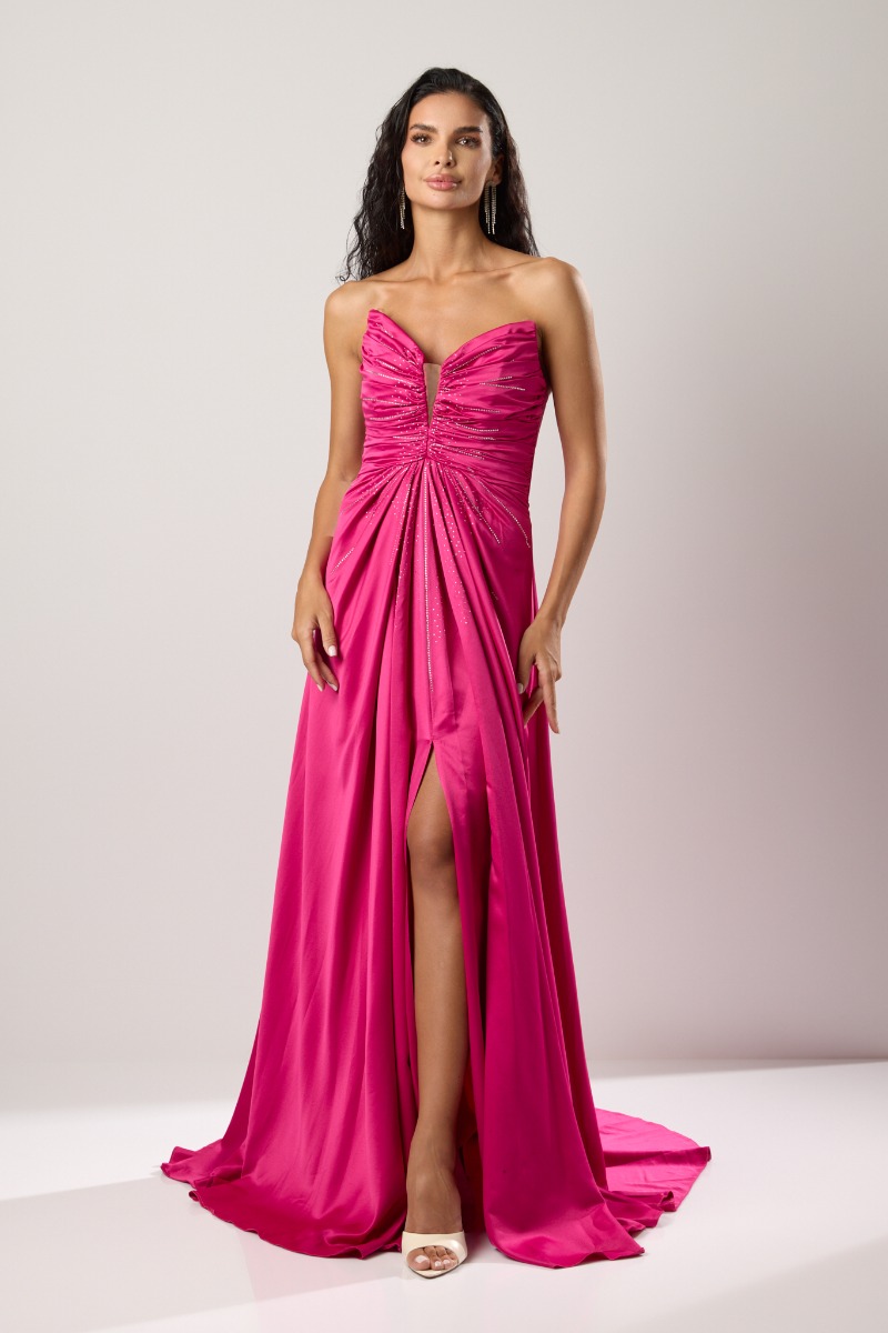 Rochie de ocazie din material satinat cu crepeu frontal Elizabella Ciclam