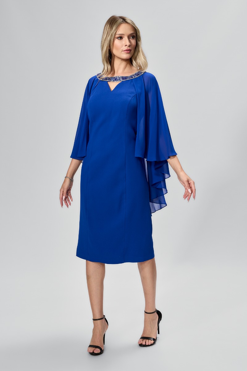 Rochie de ocazie premium cu strass-uri si capa din voal Oliviana Albastra