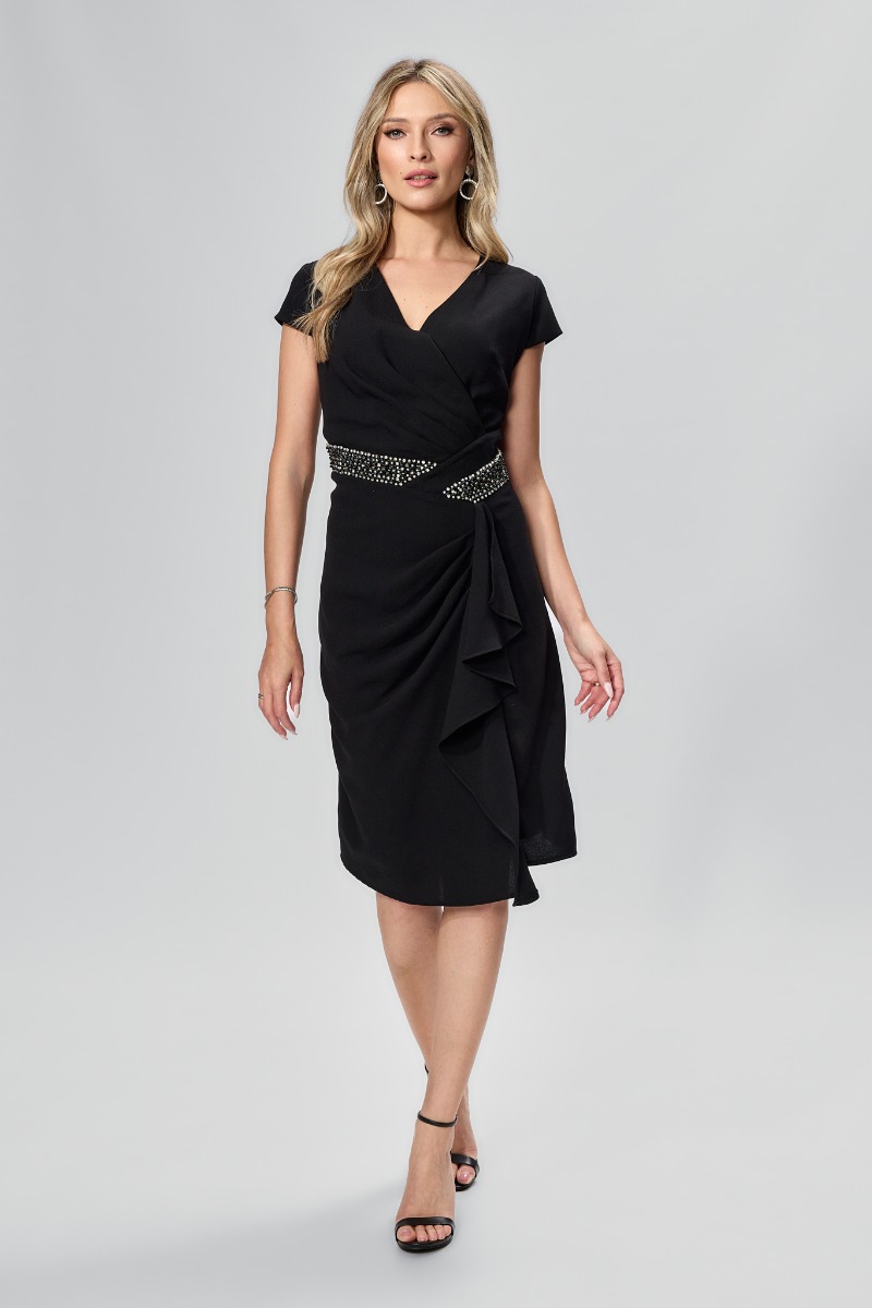 Rochie de ocazie din crepe accesorizata cu strass-uri Celya Neagra