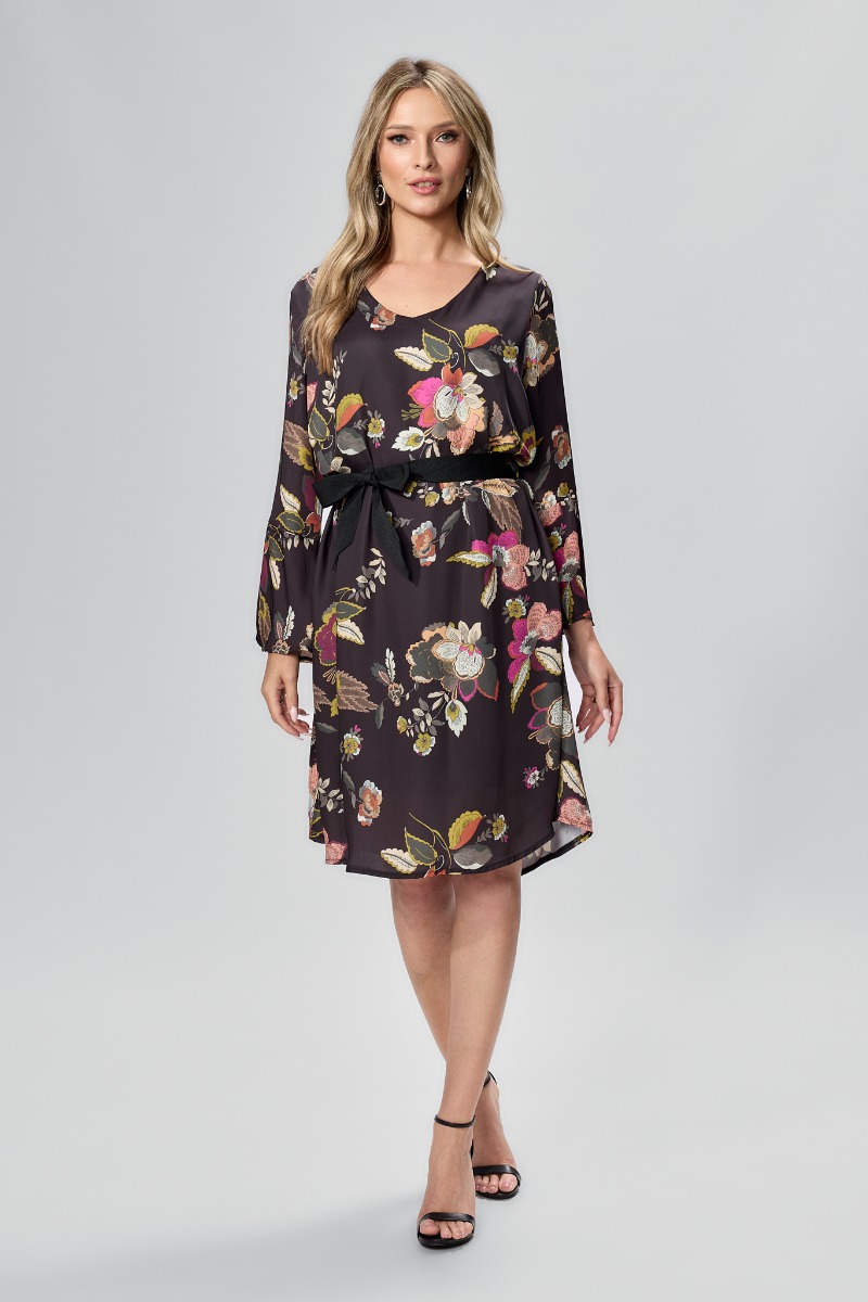 Rochie eleganta din voal satinat cu imprimeu floral Ronia Neagra