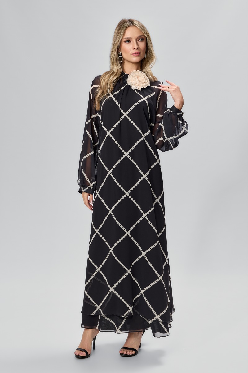Rochie de ocazie din voal cu imprimeu si brosa tip floare Norlene Neagra