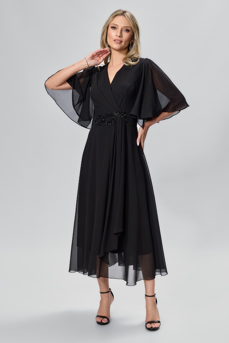 Rochie de ocazie din voal cu strass-uri in talie Justine Neagra