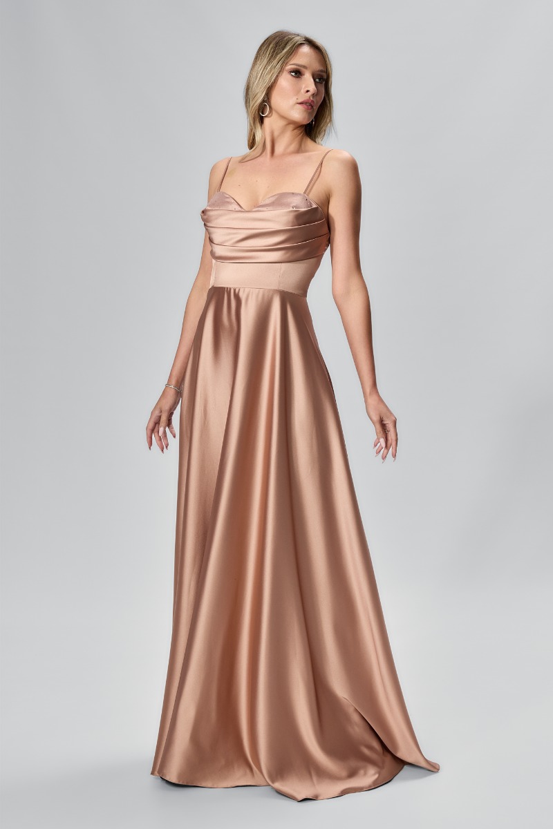 Rochie de ocazie premium din satin cu bretele Malika Bej