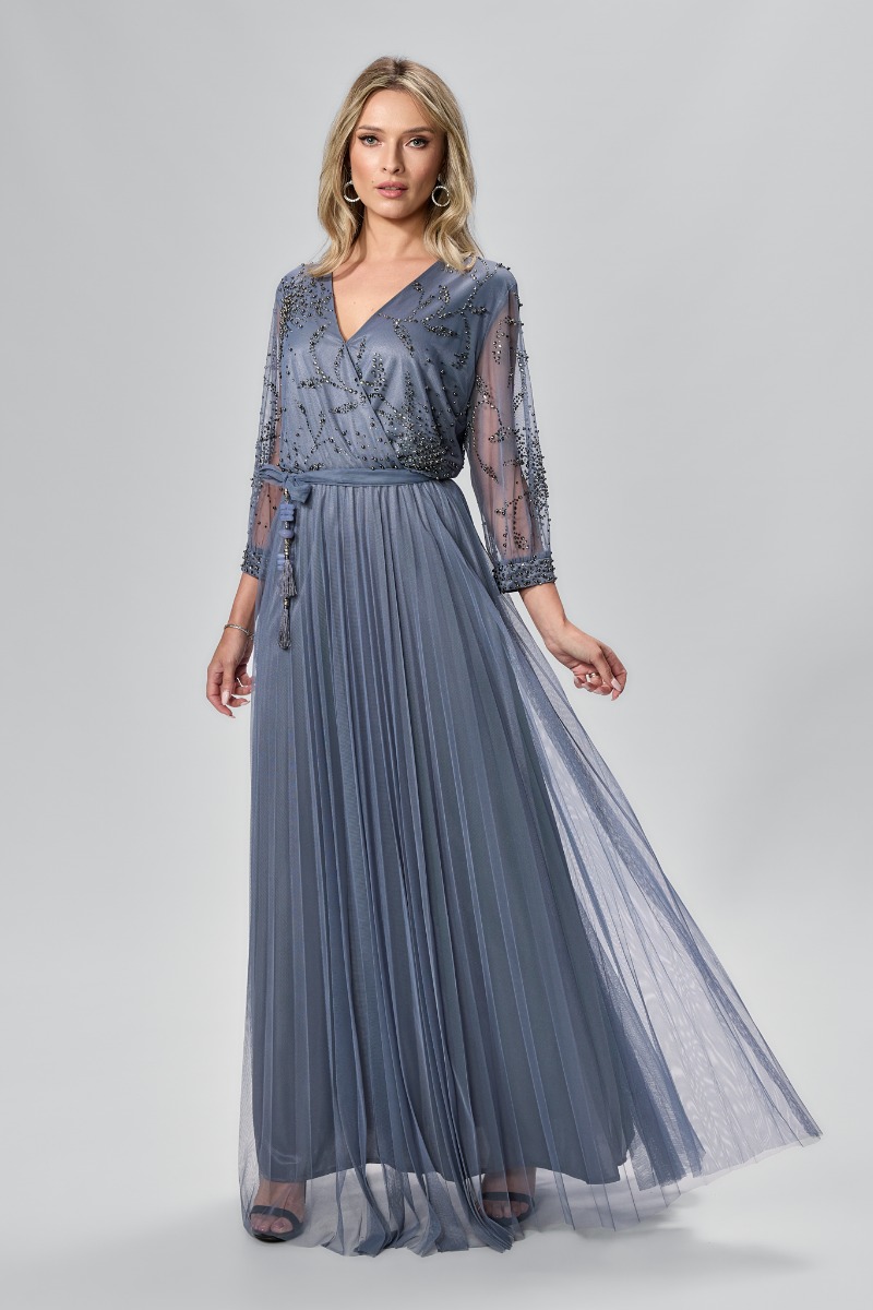 Rochie de ocazie din tull cu strass-uri si perlute Lucina Gri