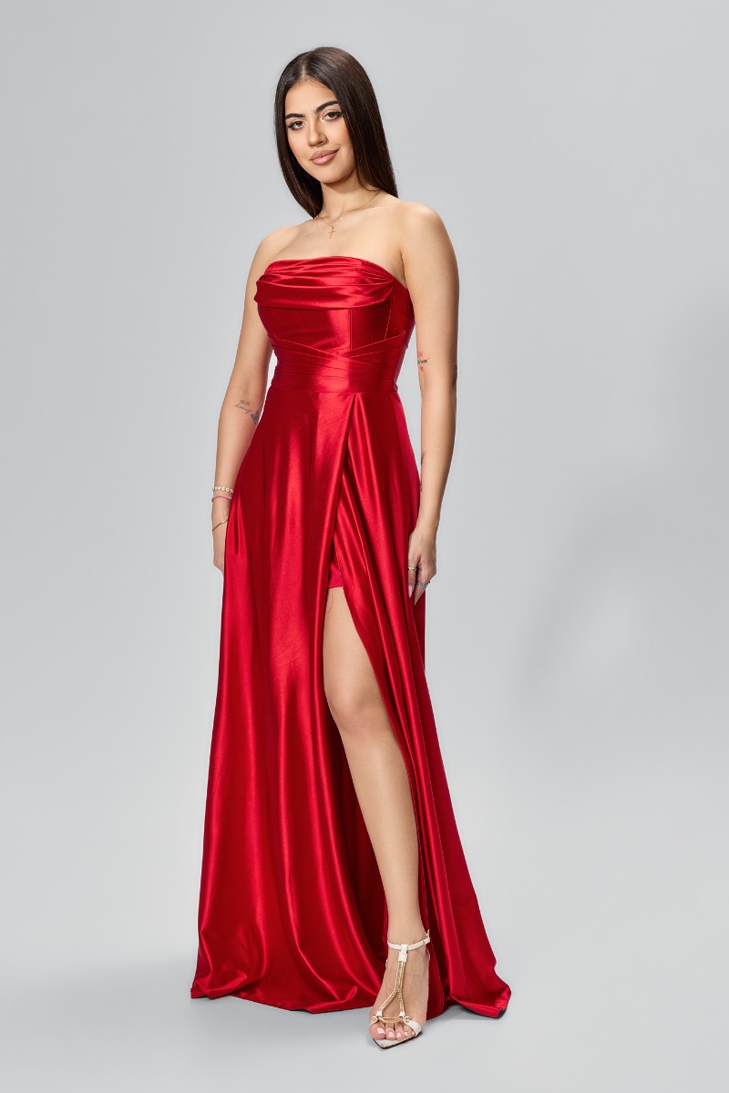 Rochie de ocazie premium din licra satinat cu umerii goi Bellarosa Rosie