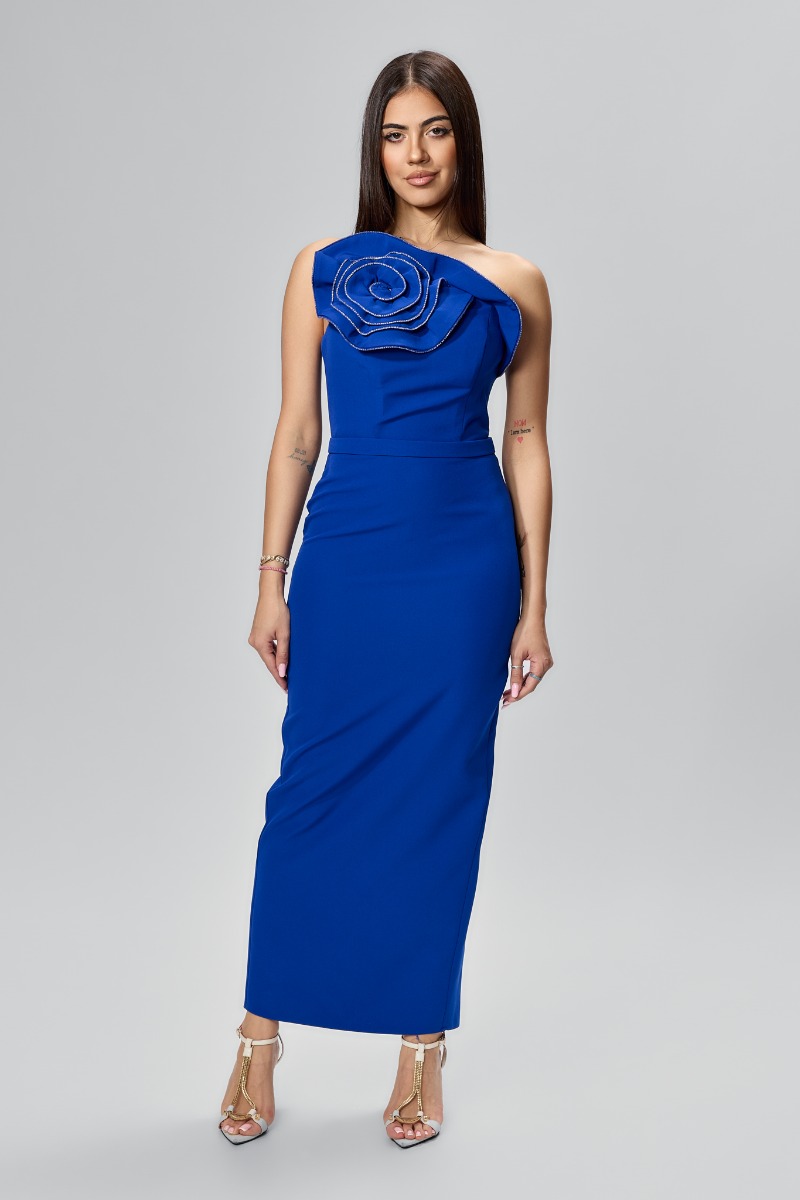 Rochie de ocazie premium cu floare 3D si strass-uri Kristia Albastra